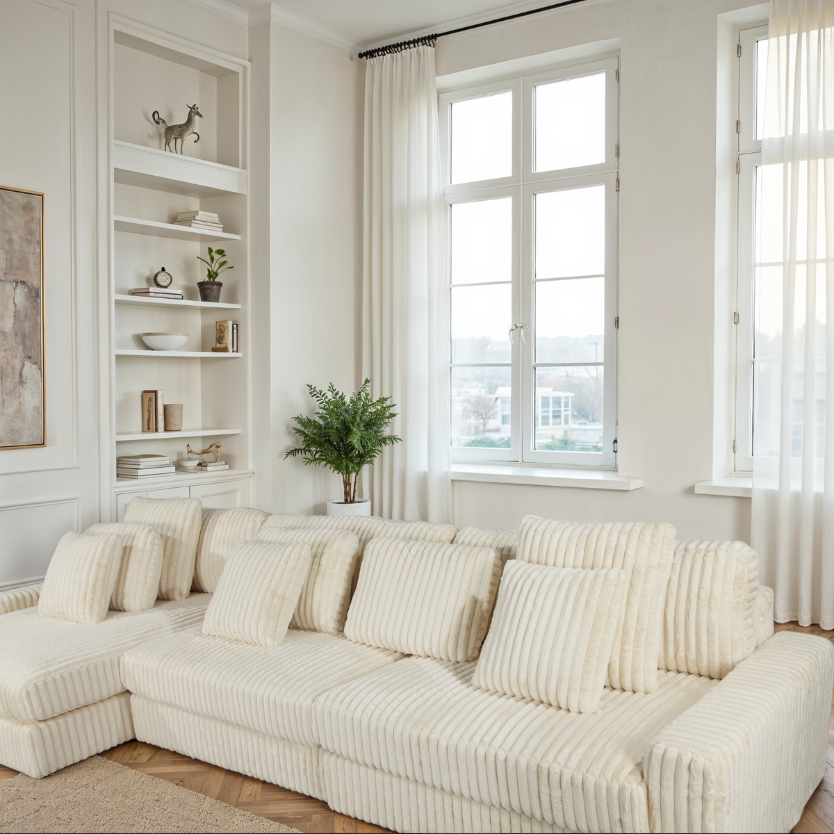 Canapé d’Angle Réversible Beige en Velours Côtelé – Vellia Vito