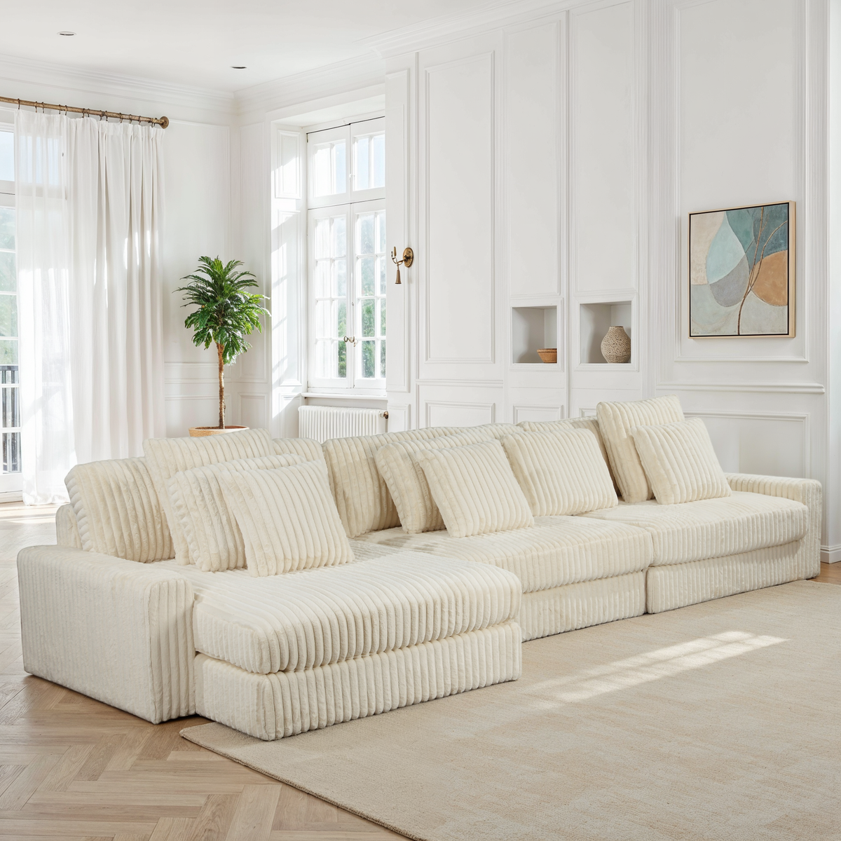 Canapé d’Angle Réversible Beige en Velours Côtelé – Vellia Vito