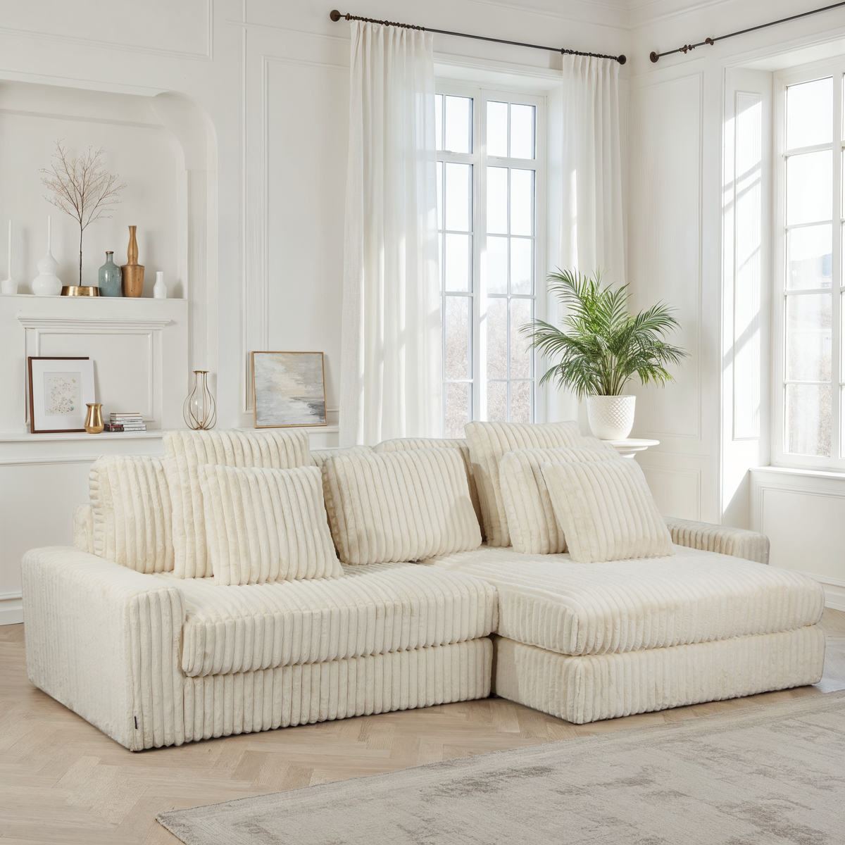 Canapé d’Angle Réversible Beige en Velours Côtelé – Vellia Vito
