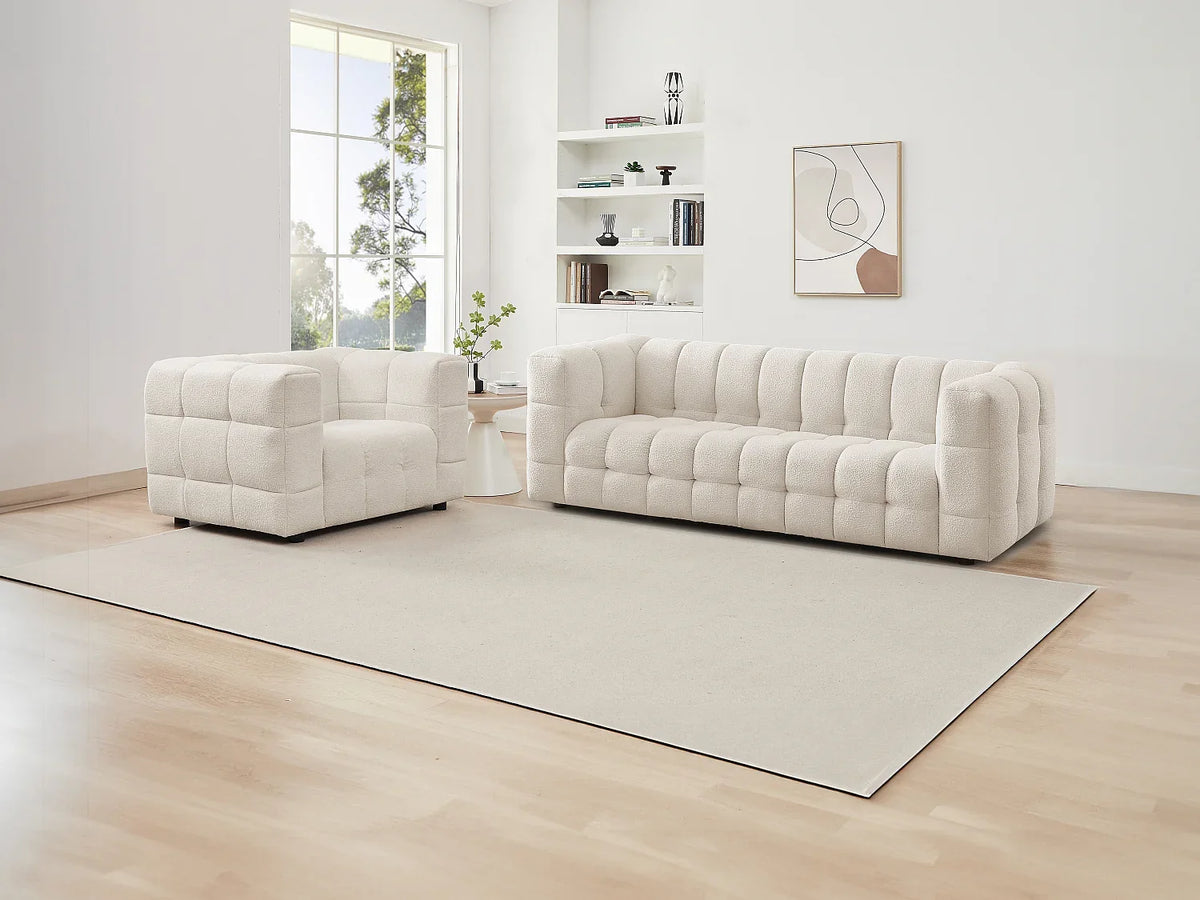 Fauteuil Carré en Tissu Bouclette Ivoire – Nube Oria