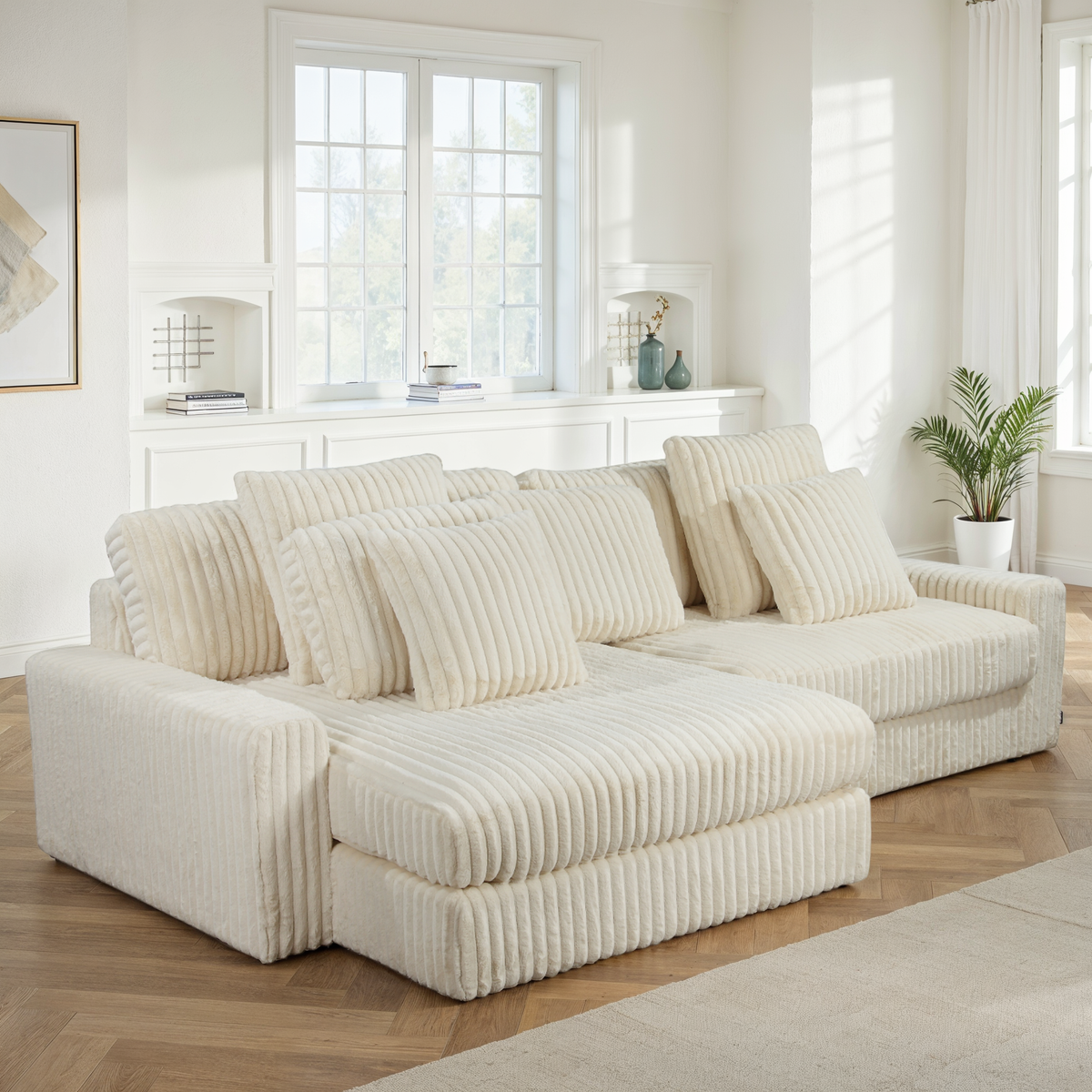 Canapé d’Angle Réversible Beige en Velours Côtelé – Vellia Vito