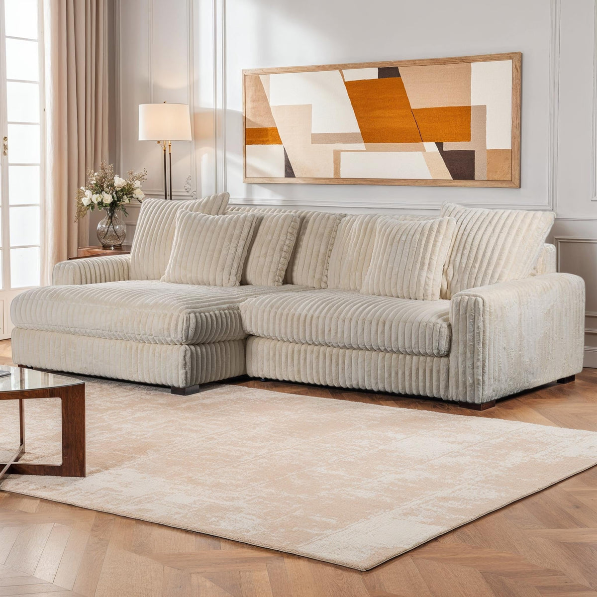 Canapé d’Angle Réversible Beige en Velours Côtelé – Vellia Vito