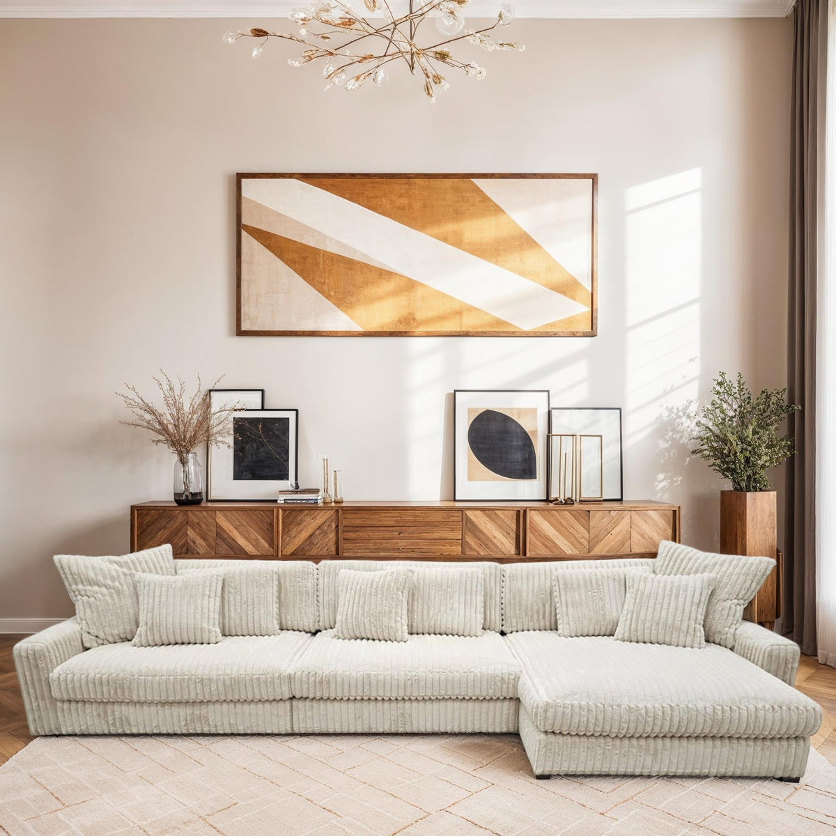 Canapé d’Angle Réversible Beige en Velours Côtelé – Vellia Vito
