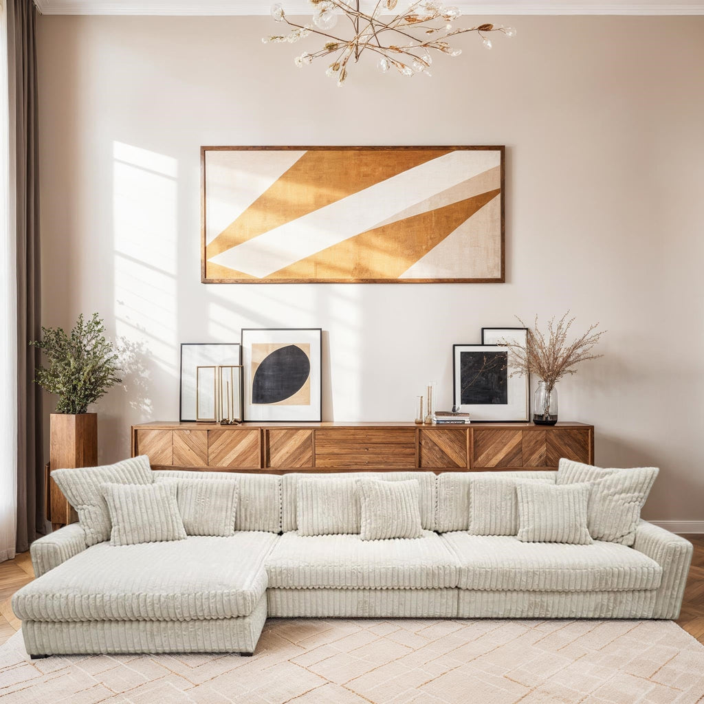 Canapé d’Angle Réversible Beige en Velours Côtelé – Vellia Vito