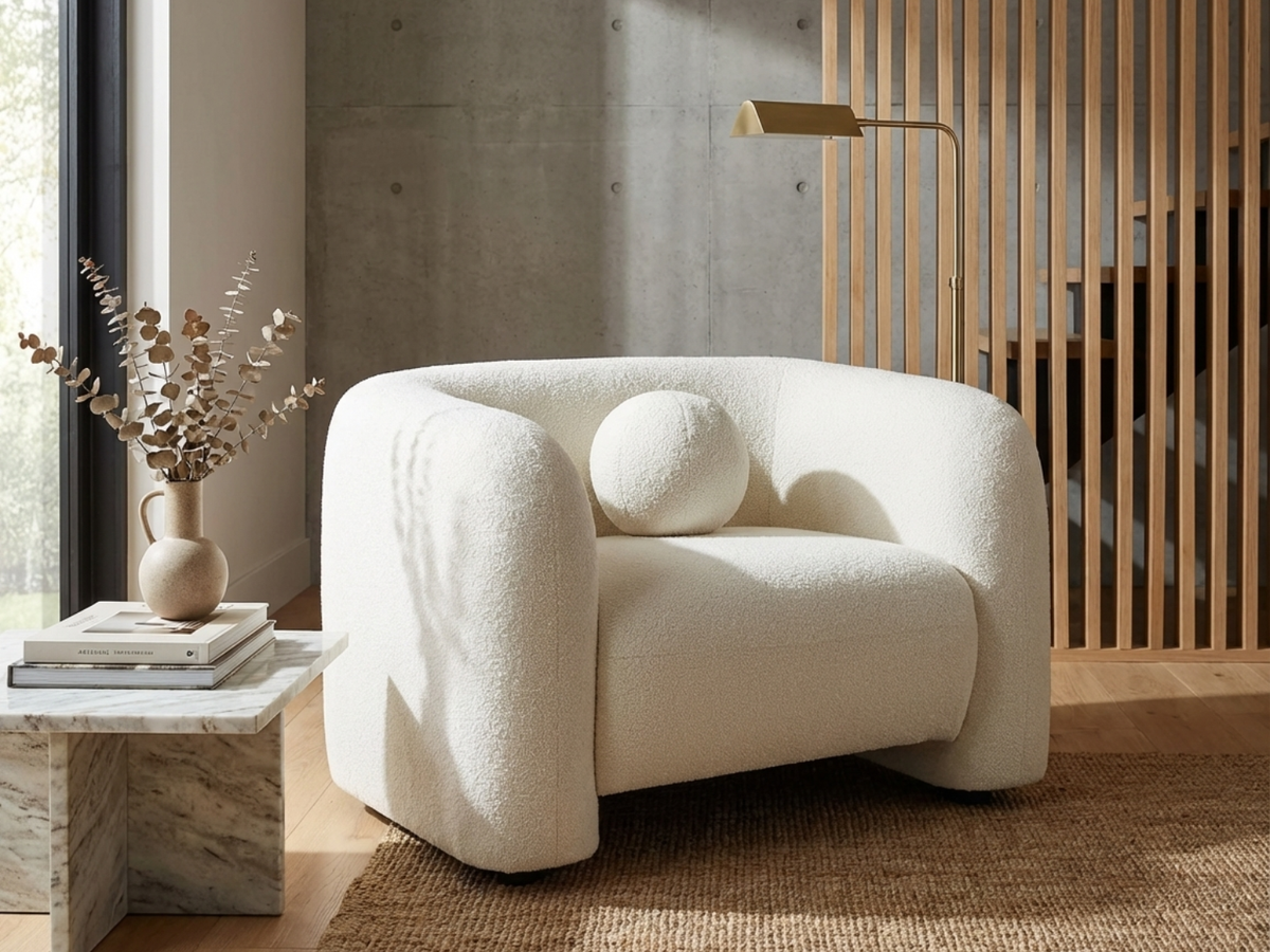 Fauteuil Bouclette Blanc Ivoire au Design Arrondi – Vellia Orven