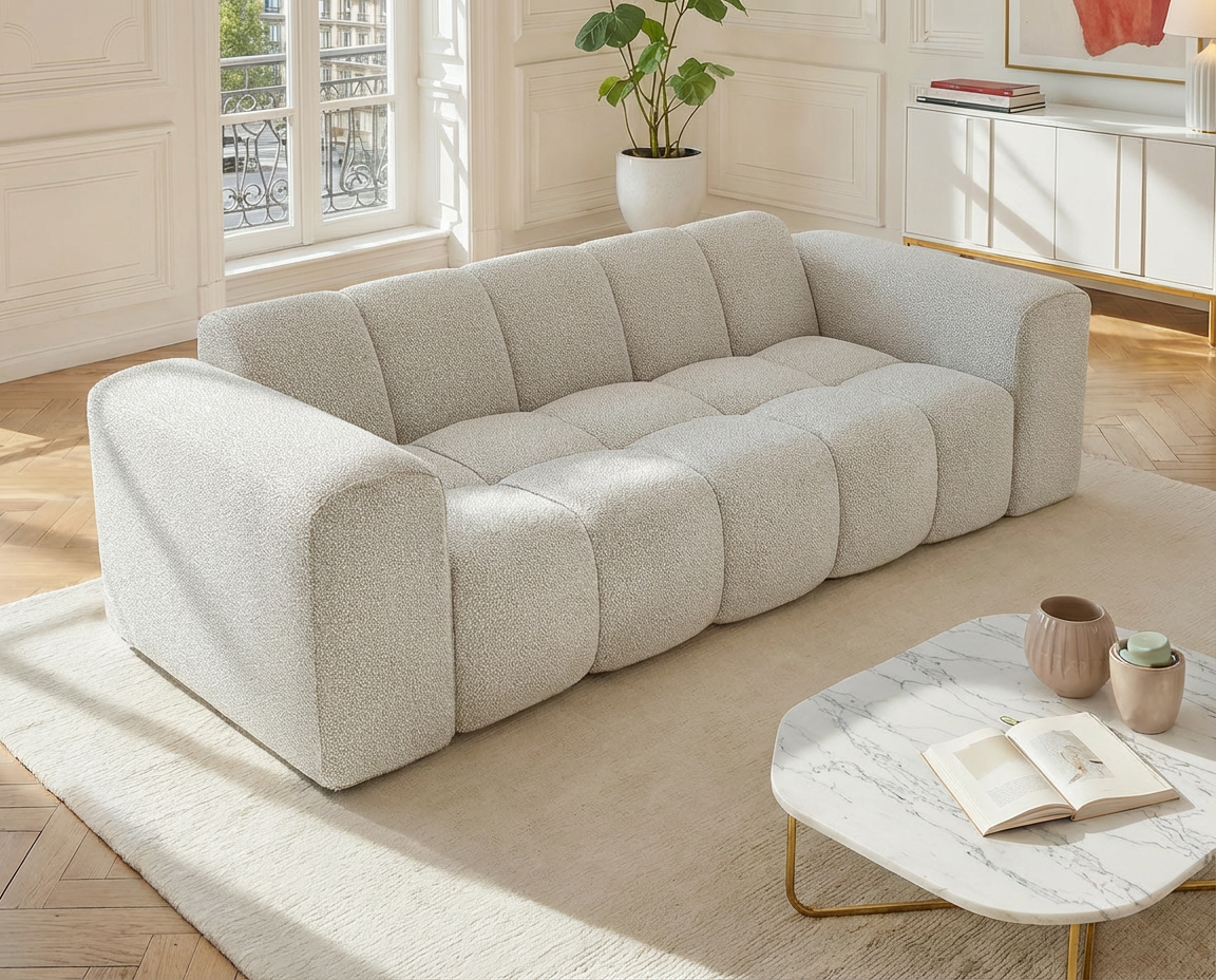 Canapé 3 Places Beige Capitonné au Design Matelassé – Nube Célian