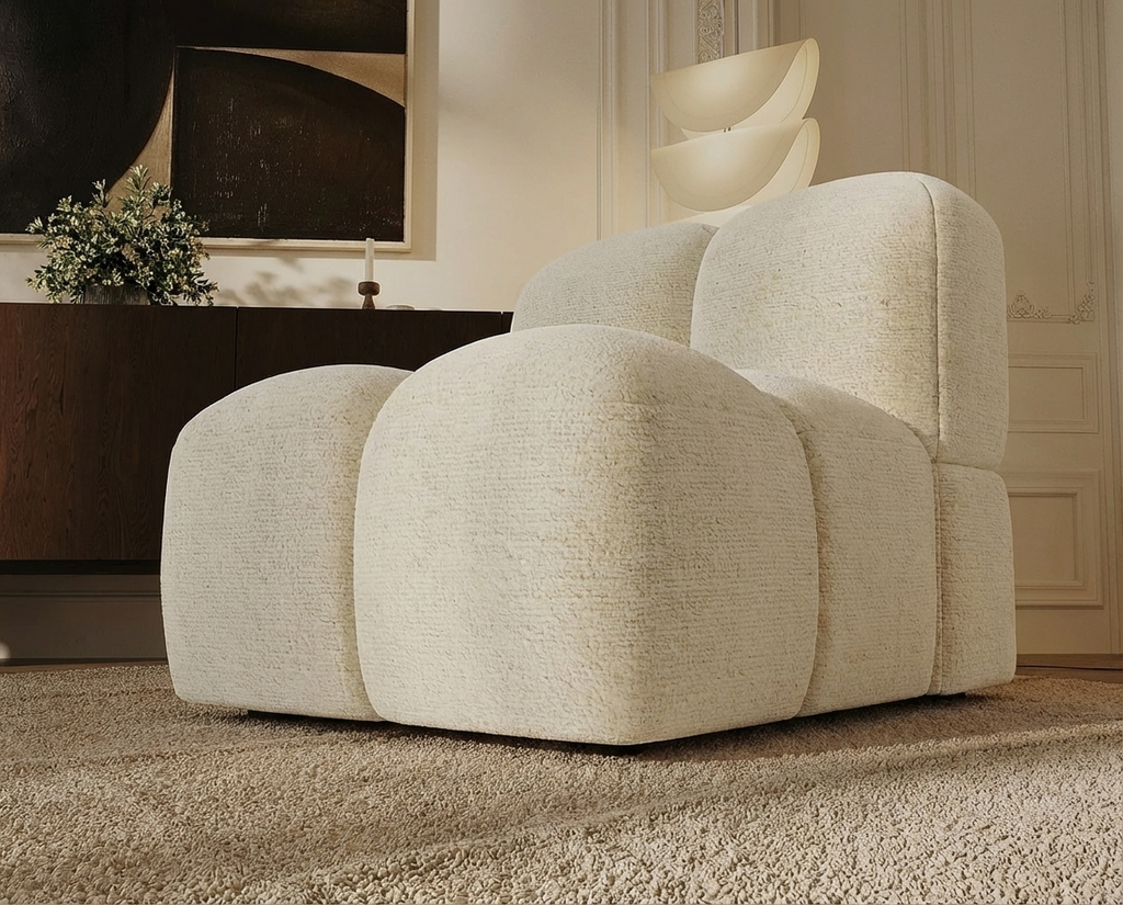 Fauteuil Crème en Tissu Texturé Style Japandi – Nube Néro