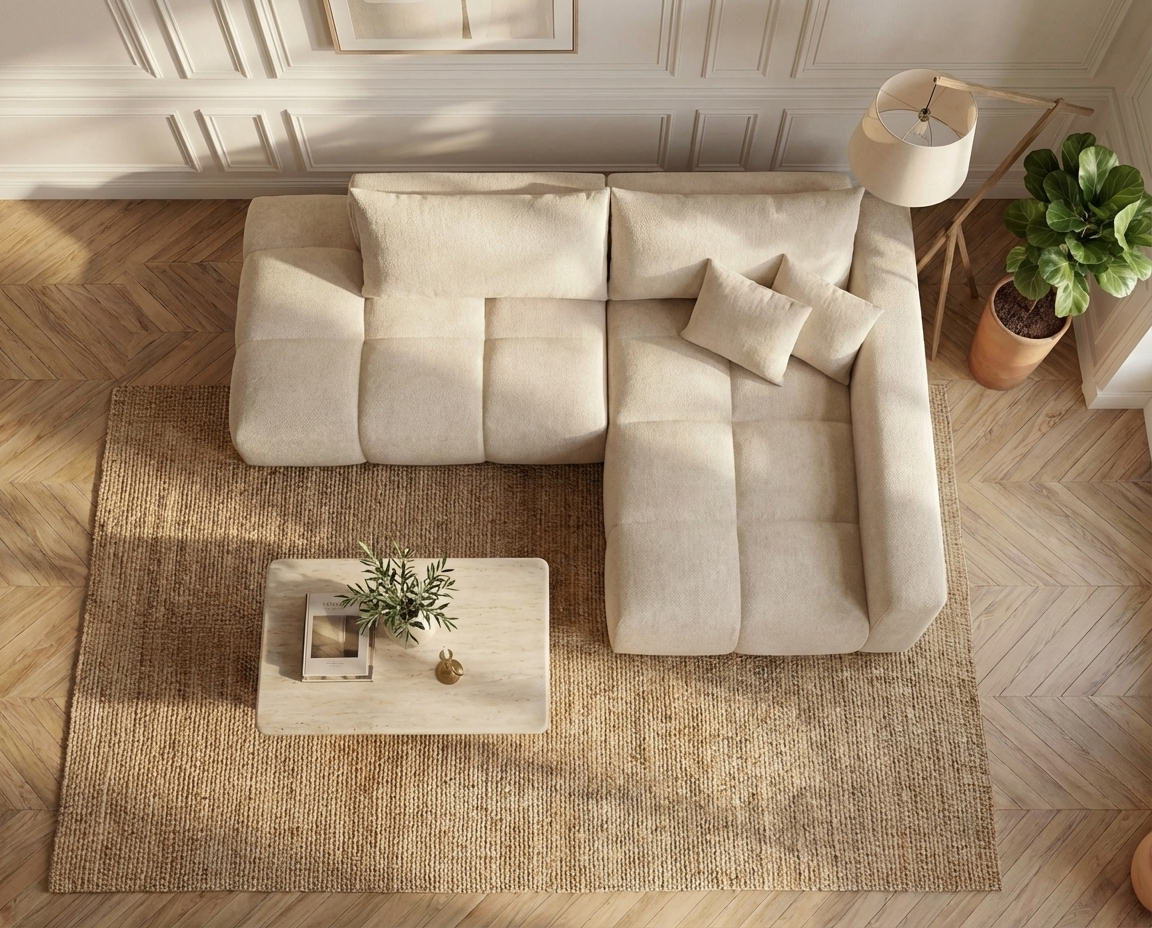 Canapé d’Angle Droit Convertible Beige avec Méridienne – Nube Auren