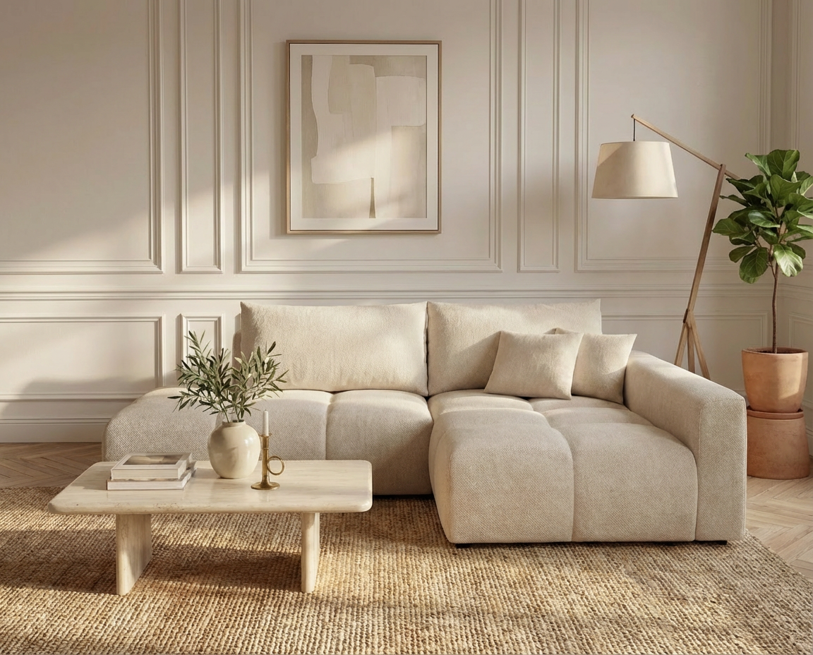 Canapé d’Angle Droit Convertible Beige avec Méridienne – Nube Auren