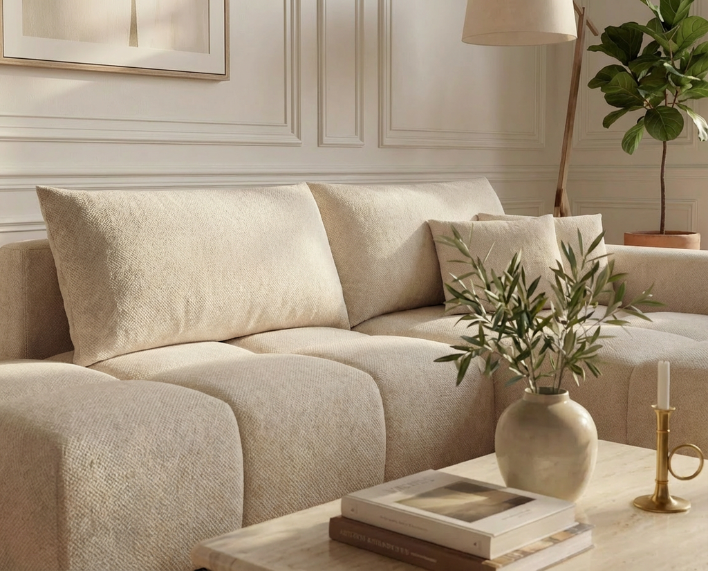 Canapé d’Angle Droit Convertible Beige avec Méridienne – Nube Auren