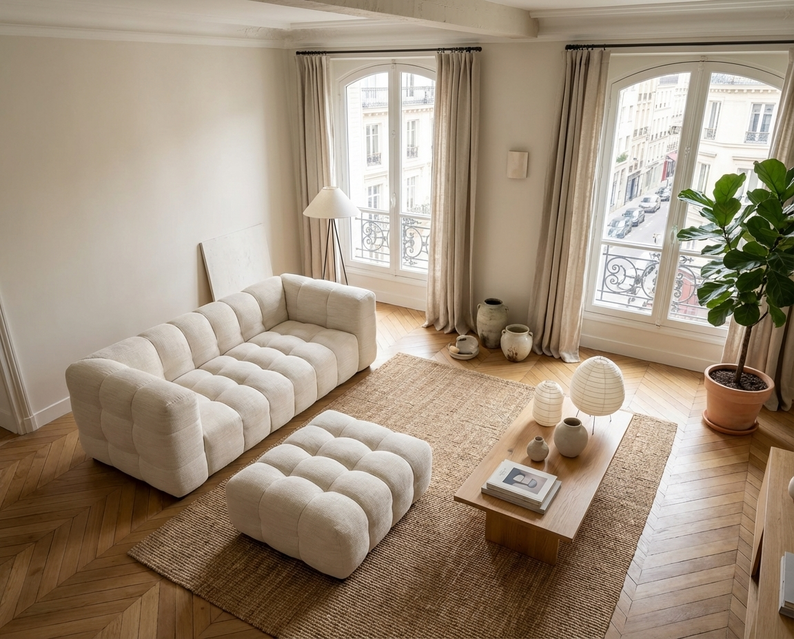 Pouf Nuage Carré Beige Sable Capitonné – Nube Alma