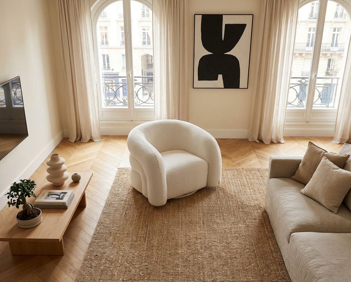Fauteuil Pivotant en Tissu Bouclette Blanc Ivoire – Vellia Lior