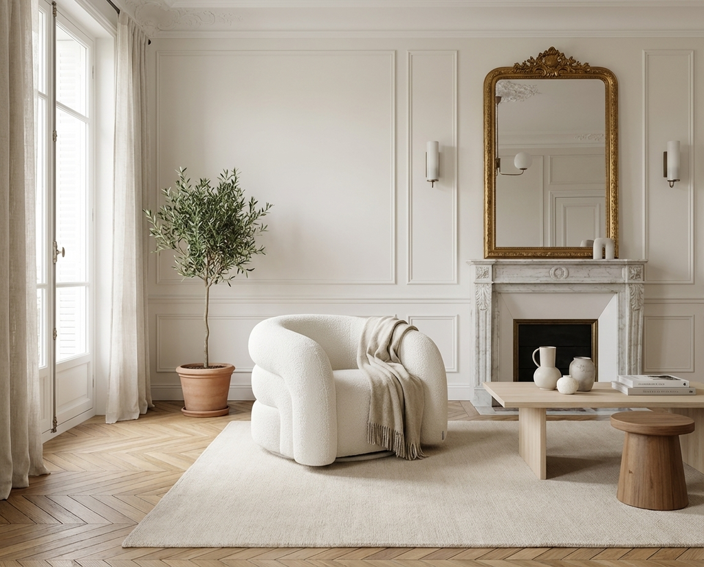 Fauteuil Pivotant en Tissu Bouclette Blanc Ivoire – Vellia Lior