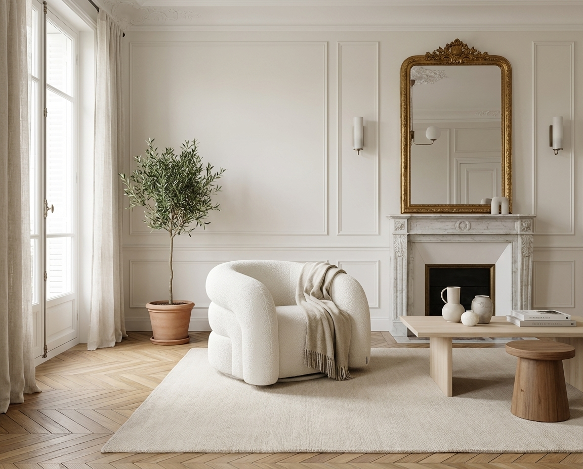 Fauteuil Pivotant en Tissu Bouclette Blanc Ivoire – Vellia Lior