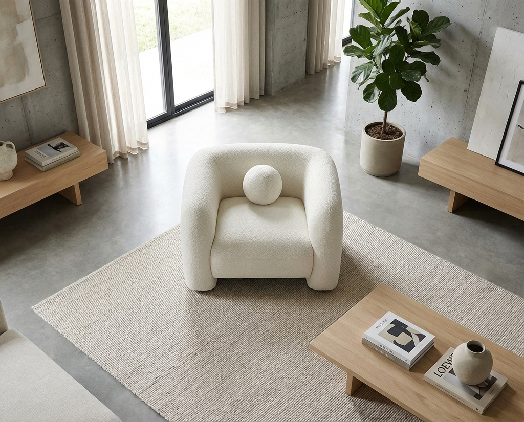 Fauteuil Bouclette Blanc Ivoire au Design Arrondi – Vellia Orven