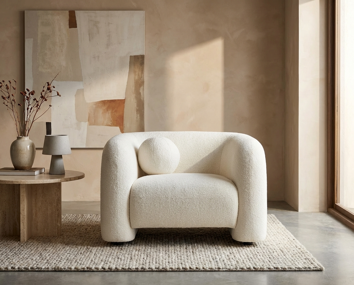 Fauteuil Bouclette Blanc Ivoire au Design Arrondi – Vellia Orven