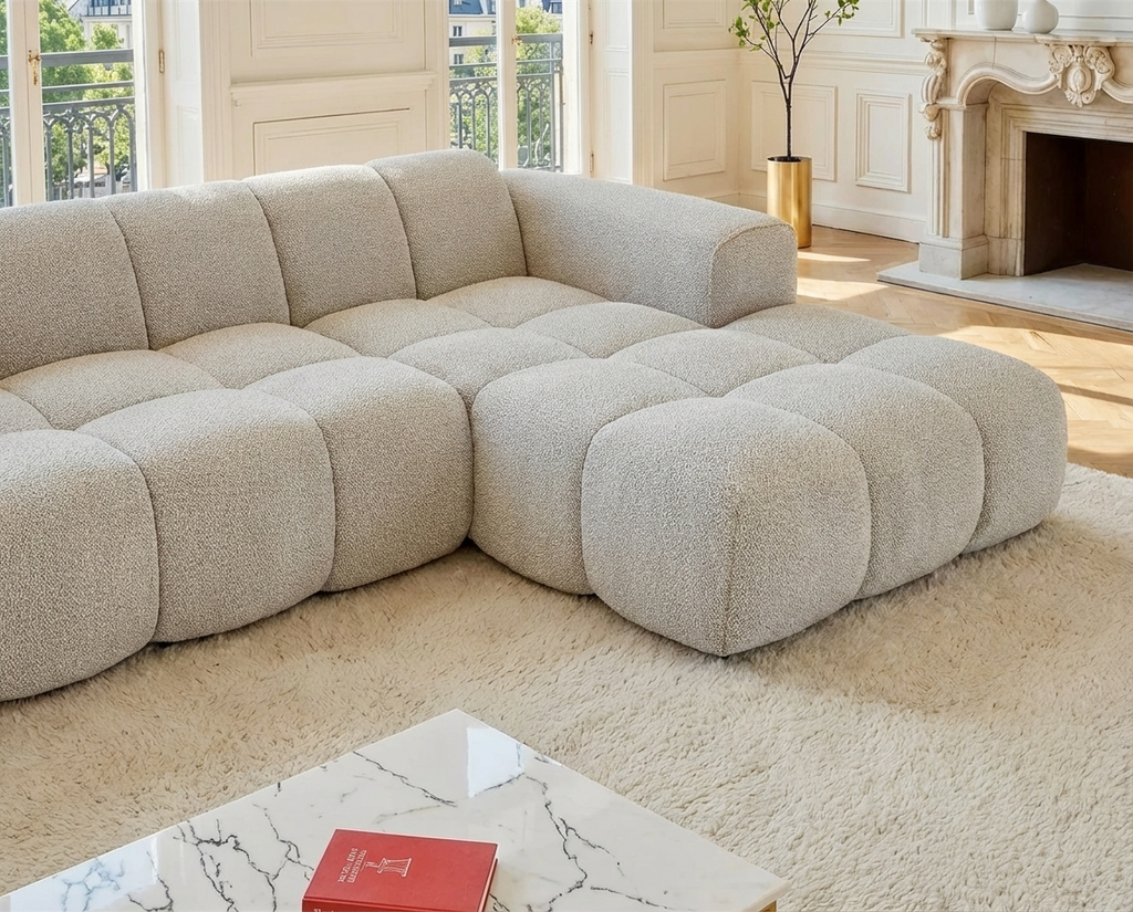 Canapé Nuage d’Angle Droit Beige en Tissu Chenille – Nube Calen