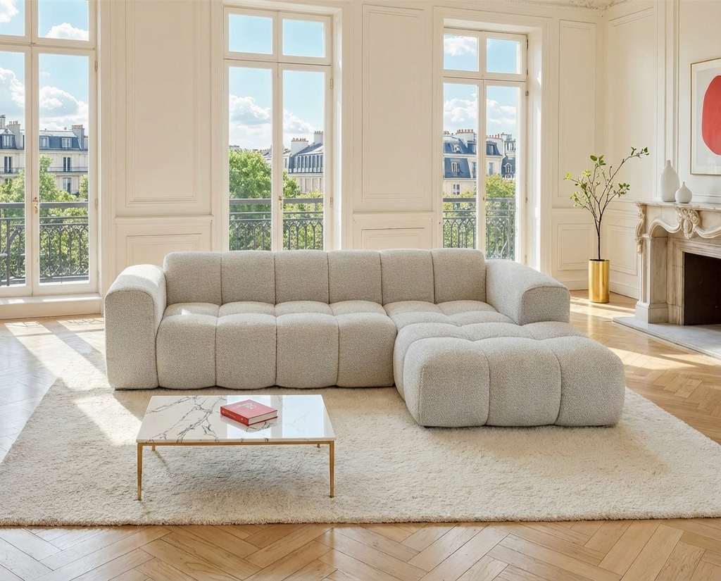 Canapé Nuage d’Angle Droit Beige en Tissu Chenille – Nube Calen
