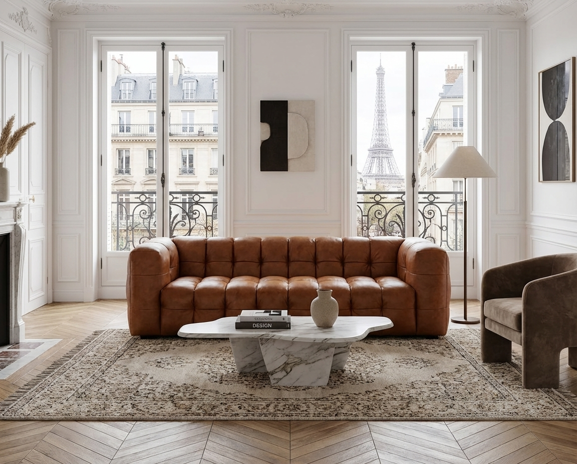 Canapé 4 Places en Cuir Cognac Capitonné – Nube Cassian