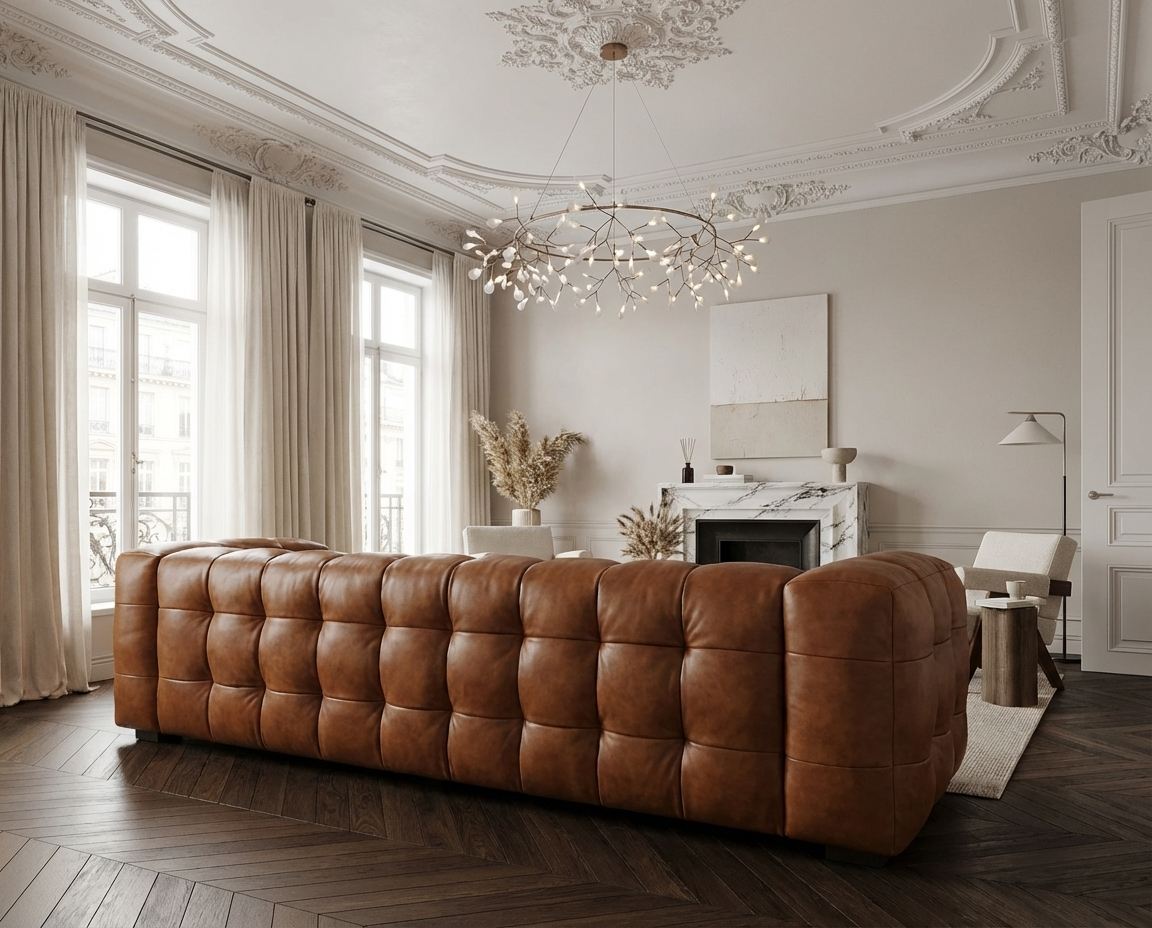 Canapé 4 Places en Cuir Cognac Capitonné – Nube Cassian