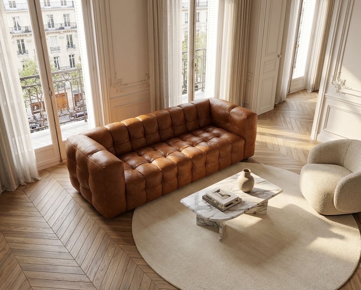 Canapé 4 Places en Cuir Cognac Capitonné – Nube Cassian