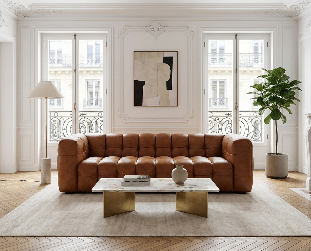 Canapé 4 Places en Cuir Cognac Capitonné – Nube Cassian