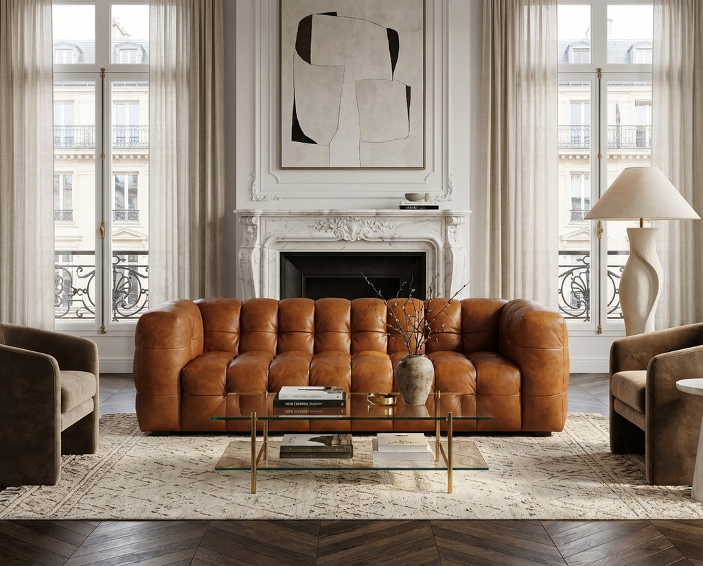 Canapé 4 Places en Cuir Cognac Capitonné – Nube Cassian