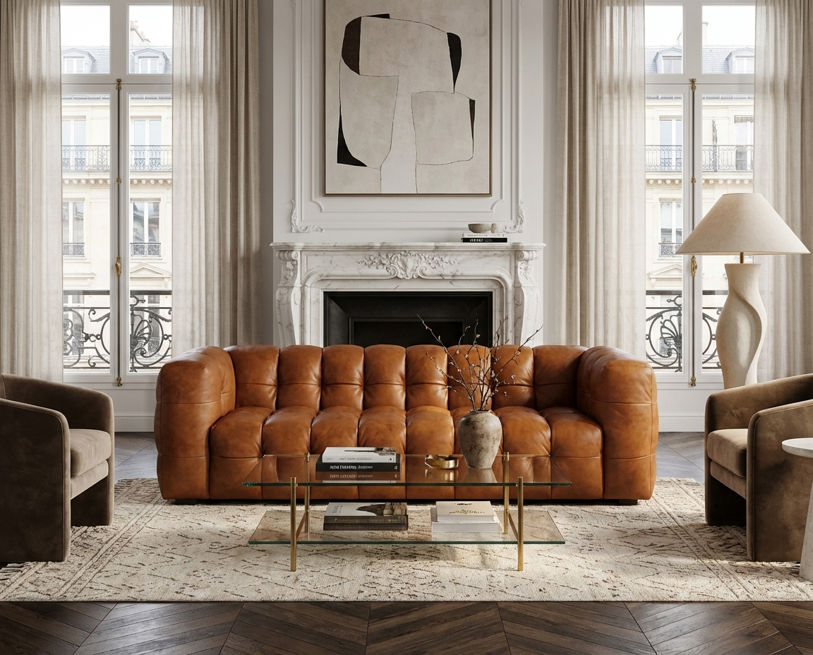 Canapé 4 Places en Cuir Cognac Capitonné – Nube Cassian