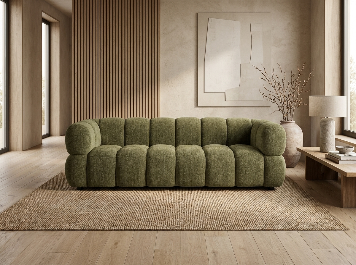Canapé Nuage 3 Places Vert Kaki en Tissu Texturé – Nube Varen