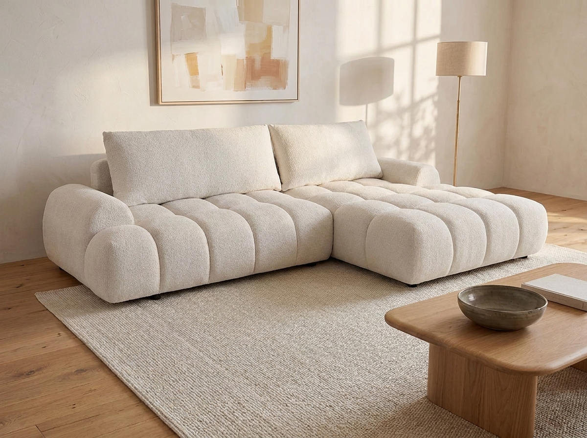 Canapé d’Angle Gauche Convertible Beige avec Rangement – Nube Eren