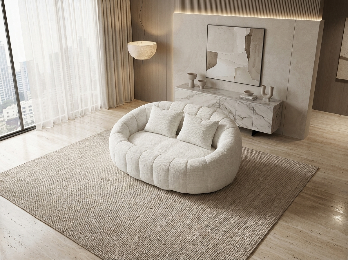 Canapé Nuage 2 Places Arrondi Beige en Tissu Chenille – Nube Cala
