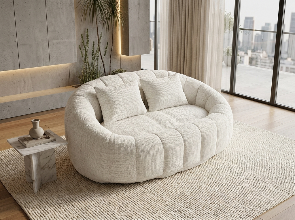Canapé Nuage 2 Places Arrondi Beige en Tissu Chenille – Nube Cala