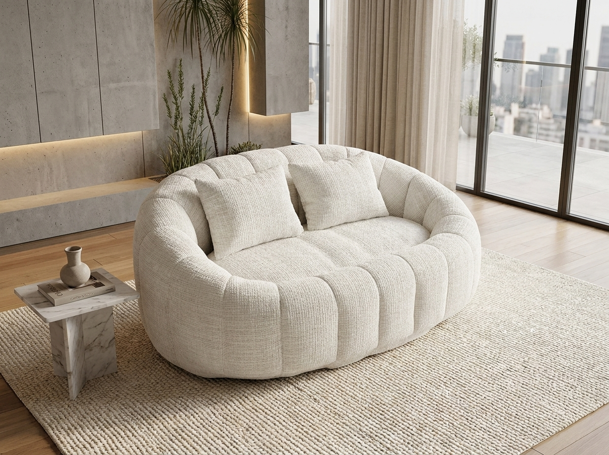 Canapé Nuage 2 Places Arrondi Beige en Tissu Chenille – Nube Cala