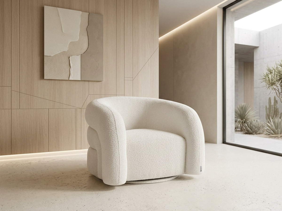 Fauteuil Pivotant en Tissu Bouclette Blanc Ivoire – Vellia Lior