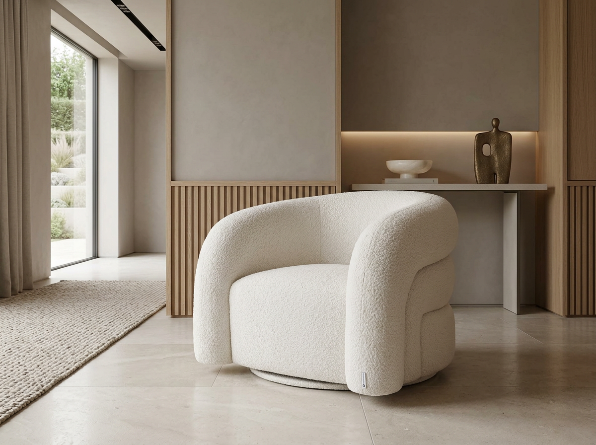 Fauteuil Pivotant en Tissu Bouclette Blanc Ivoire – Vellia Lior